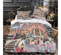 VOXYTMLWG Natale House Set Di Copripiumino morbida microfibra 3 Pezzi stampa 3D con federa Festive Holiday Set Di Copripiumino cerniera nascosta morbido for ragazze Single（140x200cm）