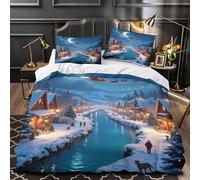 VOXYTMLWG Natale Night Set Di Copripiumino microfibra ultra morbida 3 Pezzi stampa di 3D con federa fairy Tale Village Set Di Copripiumino cerniera soffice ariosa for bambini Double（200x200cm）