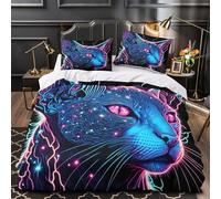 VOXYTMLWG Neon Cat Face Set Di Copripiumino 3 Pezzi microfibra ultra morbido stampa 3D con federa vibrant Cyberpunk Set Di Copripiumino cerniera nascosta traspirante for bambini King（220x240cm）