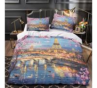 VOXYTMLWG Paris Skyline Set Di Copripiumino 3 Pezzi ultra microfibra stampa 3D con cerniera spring Blossom Set Di Copripiumino con federa per cuscini morbido e comodo for coppie King（220x240cm）