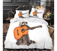VOXYTMLWG Procione che suona la chitarra 3D Stampa Coperteletto 3pz Microfibra Resistente Musica divertente con animali Coperta Letto 2 federe Zip nascosta Famiglia Ospiti Single (135x200cm)