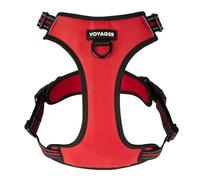 Voyager - Pettorina per cani con doppio guinzaglio, regolabile, morbida ma resistente, per cani di taglia media e grande con tecnologia riflettente 3M, reticolo rosso, L (busto: 63,5-76,2 cm)