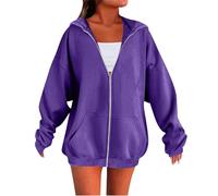 Voylansi Felpa da donna oversize con cappuccio e zip intera, a maniche lunghe, con spalle cadenti, viola