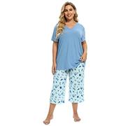 Vozanet Pigiama da donna con scollo a V morbido e capri pj lounge set cartone animato a forma di cuore gatto notte grande, Florals-blu, 4XL
