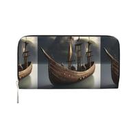 VPPUR Portafoglio da donna con stampa di navi pirata nordica, portafoglio da donna, pochette da viaggio casual alla moda, nero, taglia unica, arte, Nero, One Size, Arte