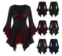 VPQILH Nuovo Camicia Halloween Donna Irregolare Steampunk Costumi Medievale Donna con Maniche a Pipistrelli Camicie con Stampato Camicetta Sexy Scollo a V Shirts Slim Fit Cintura con Coulisse Tops