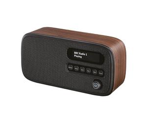 VQ Dexter Radio DAB Plus/DAB con FM, Altoparlanti Stereo da 3W e Schermo LCD - Alimentata da Rete e Batteria, Radiolina Portatile con 60 Preselezioni, Antenna e Presa Cuffie - Noce