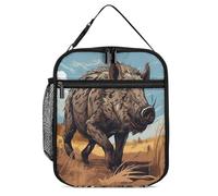 Vqqkasmn Borsa termica portatile per il pranzo, isolata, con stampa di cinghiali in stile cartone animato, con tasca laterale in rete, resistente all'acqua, a tenuta stagna, morbida, durevole, per