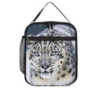 Vqqkasmn Borsa termica portatile per il pranzo isolata, con stampa leopardo delle nevi dagli occhi blu, con tasca laterale in rete, resistente all'acqua, a tenuta stagna, morbida, durevole, per uomini
