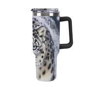 Vqqkasmn Tazza per auto con manico, in acciaio inox 304, con stampa leopardo delle nevi dagli occhi blu, grande capacità, in metallo, tazza da viaggio isolata per tè, caffè, regalo