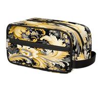 VQUVQV Beauty case da viaggio per doccia, bagno, trousse per cosmetici, organizer con manico, per donne e uomini, Stampa Fiore Oro Nero