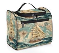 VQUVQV Borsa da toilette da appendere, grande borsa da viaggio per cosmetici, organizer per trucchi per donne e uomini, Mappa nautica con la bussola della nave Clipper