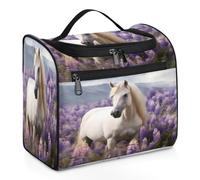VQUVQV Borsa da toilette da appendere, grande borsa da viaggio per cosmetici, organizer per trucchi per donne e uomini, Un cavallo bianco tra i cespugli di fiori
