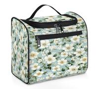 VQUVQV Borsa da toilette da appendere, grande borsa da viaggio per cosmetici, organizer per trucchi per donne e uomini, Piccoli fiori bianchi.
