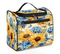 VQUVQV Borsa da toilette da appendere, grande borsa da viaggio per cosmetici, organizer per trucchi per donne e uomini, Farfalla Fiore Giallo Blu