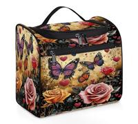 VQUVQV Borsa da toilette da appendere, grande borsa da viaggio per cosmetici, organizer per trucchi per donne e uomini, Belle rose e farfalle