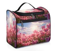 VQUVQV Borsa da toilette da appendere, grande borsa da viaggio per cosmetici, organizer per trucchi per donne e uomini, Tramonto sul campo di tulipani rosa