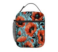 VQUVQV Borsa termica per il pranzo, con sfondo turchese e papavero corallo, portatile, per bambini, ragazze, ragazzi e adulti, riutilizzabile, per ufficio, picnic