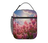 VQUVQV Borsa termica per il pranzo per donne e uomini, con campo di tulipani rosa e tramonto, riutilizzabile, isolata, a prova di perdite, borsa termica per lavoro, scuola, picnic, viaggi