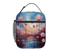 VQUVQV Borsa termica per il pranzo per donne e uomini, rosa con fiore di loto al tramonto, riutilizzabile, isolata, a prova di perdite, borsa termica per lavoro, scuola, picnic, viaggi