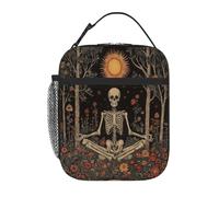 VQUVQV Borsa termica termica per il pranzo, per donne e uomini, scheletro che medita nella foresta per adulti, con tasca laterale in rete per lavoro, scuola, picnic