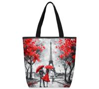 VQUVQV Borsa tote in tela per donne e ragazze, borsa tote riutilizzabile in tela con tasche con cerniera, Una coppia che tiene ombrelli rossi, Taglia unica