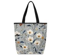 VQUVQV Borsa tote in tela per donne e ragazze, borsa tote riutilizzabile in tela con tasche con cerniera, Fiori di campo Bianco Grigio, Taglia unica
