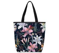 VQUVQV Borsa tote in tela per donne e ragazze, borsa tote riutilizzabile in tela con tasche con cerniera, Fiori di campo rosa bianchi, Taglia unica