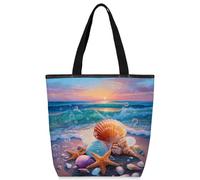 VQUVQV Borsa tote in tela per donne e ragazze, borsa tote riutilizzabile in tela con tasche con cerniera, Stella marina con conchiglie colorate al tramonto, Taglia unica