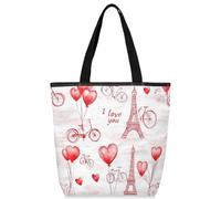 VQUVQV Borsa tote in tela per donne e ragazze, borsa tote riutilizzabile in tela con tasche con cerniera, Torre Eiffel dell'amore, Taglia unica