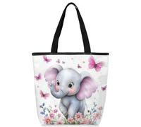 VQUVQV Borsa tote in tela per donne e ragazze, borsa tote riutilizzabile in tela con tasche con cerniera, Elefante e farfalla tra i fiori, Taglia unica