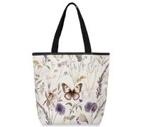 VQUVQV Borsa tote in tela per donne e ragazze, borsa tote riutilizzabile in tela con tasche con cerniera, Acquerello Fiori di campo e farfalle, Taglia unica