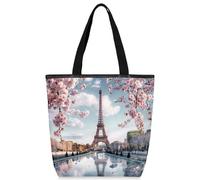VQUVQV Borsa tote in tela per donne e ragazze, borsa tote riutilizzabile in tela con tasche con cerniera, Paris Eiffel Cherry Blossom, Taglia unica