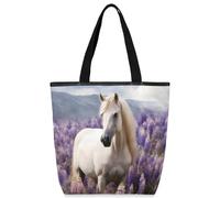 VQUVQV Borsa tote in tela per donne e ragazze, borsa tote riutilizzabile in tela con tasche con cerniera, Un cavallo bianco tra i cespugli di fiori, Taglia unica