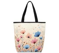 VQUVQV Borsa tote in tela per donne e ragazze, borsa tote riutilizzabile in tela con tasche con cerniera, Fiori di campo rosa blu, Taglia unica