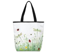 VQUVQV Borsa tote in tela per donne e ragazze, borsa tote riutilizzabile in tela con tasche con cerniera, Coccinelle d'erba, Taglia unica