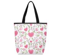 VQUVQV Borsa tote in tela per donne e ragazze, borsa tote riutilizzabile in tela con tasche con cerniera, Rosa Cuore Fiore Vite, Taglia unica