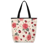 VQUVQV Borsa tote in tela per donne e ragazze, borsa tote riutilizzabile in tela con tasche con cerniera, Coccinelle Rose, Taglia unica