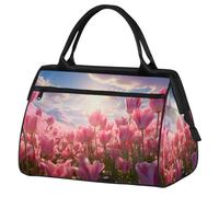 VQUVQV Borsone da viaggio, impermeabile, per sport, palestra, weekender, per la notte, per uomini e donne, Tramonto sul campo di tulipani rosa