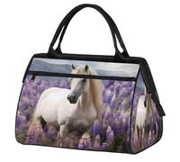 VQUVQV Borsone da viaggio, impermeabile, per sport, palestra, weekender, per la notte, per uomini e donne, Un cavallo bianco tra i cespugli di fiori