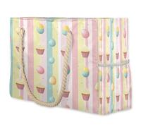 VQUVQV Grande borsa da spiaggia da donna, impermeabile, a prova di sabbia, con tasca con cerniera, per viaggi, shopping, piscina, Uovo di Pasqua Pastello Cupcake Stripes, Large