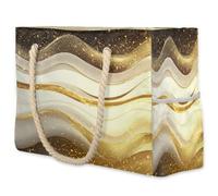 VQUVQV Grande borsa da spiaggia da donna, impermeabile, a prova di sabbia, con tasca con cerniera, per viaggi, shopping, piscina, Onda Linea Bianca e Oro, Large