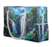 VQUVQV Grande borsa da spiaggia da donna, impermeabile, a prova di sabbia, con tasca con cerniera, per viaggi, shopping, piscina, Farfalle nel bosco sotto la cascata, Large