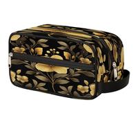 VQUVQV Trousse da viaggio per cosmetici, organizer per articoli da toeletta per donne e uomini, Nero Oro Floreale e Fogli, Stampato