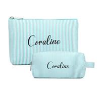 VRFASHION Borsa per il trucco personalizzata in seersucker con nome ricamato, borsa cosmetica iniziale personalizzata 2 pezzi regalo di compleanno per le donne, Blu