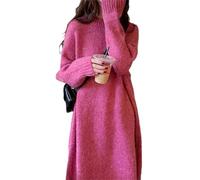 VRJVPQBE Vestito Donna Autunno Abito da Maglione Lungo Dritto Sciolto sopra Il Ginocchio Elegante Abito A Maglia per Le Donne-Rosa Rosso-l
