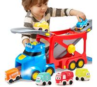 VROOMIX 7 in 1 Extra Grande Camion Trasportatore Urbano per Bambini e Bambine, Camion Trasportatore con 6 Auto e Binari di Velocità, Testa Allungabile, Suoni e Luci, Regali di Compleanno