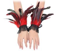 VRYNDH Guanti in pizzo con piuma, polsini a piuma, da donna, senza dita, per feste gotiche, per matrimoni, Halloween Carnevale Cosplay Costume-Rosso