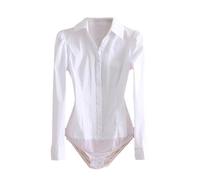 Vsadsau Body da donna a maniche lunghe camicia da ufficio tinta unita bottoni slim risvolto camicetta da lavoro top, bianco, L