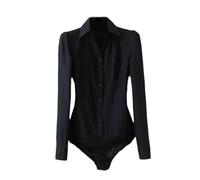 Vsadsau Body da donna a maniche lunghe camicia da ufficio tinta unita bottoni slim risvolto camicetta da lavoro top, Nero , XL